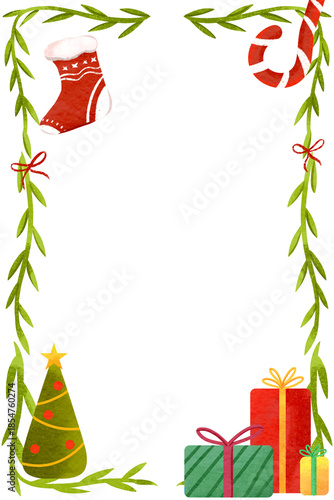 Design frame with cartoon illustrations of Christmas trees and Christmas ornament