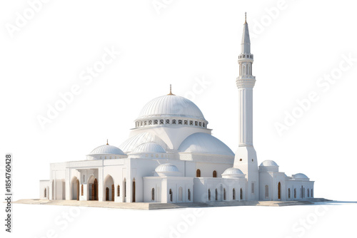 White Islamic mosque with large dome and tall minaret isolated on black architecture building
