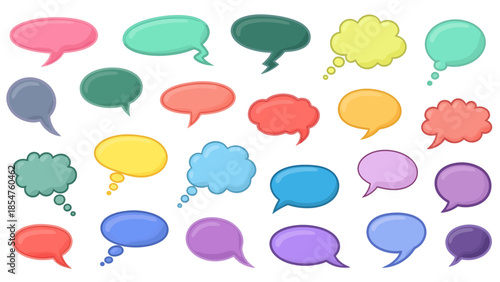 A diverse collection of glossy, multicolored speech bubbles and thought clouds features varied shapes from smooth ovals to fluffy edges, all rendered with a shiny 3D gradient on a white background