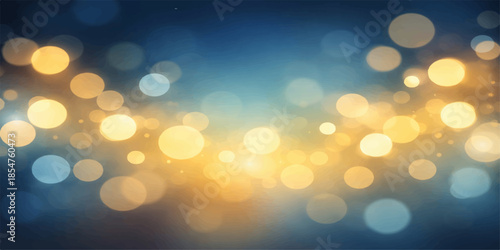 An abstract golden bokeh background features a bright pattern of blurred yellow and orange glowing circles with festive holiday glitter for a shiny Christmas celebration design