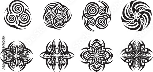 Tribal patterns collection featuring spiral, floral, and abstract designs in black and white illustrations