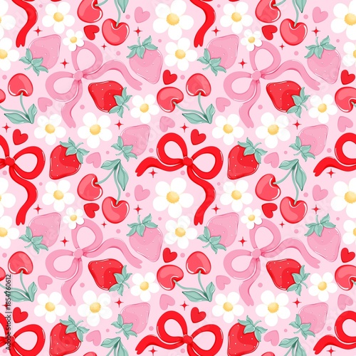 Seamless Coquette Cherry and Strawberry Pattern with Bows, Hearts and Floral Elements in Pink Pastel Kawaii Style