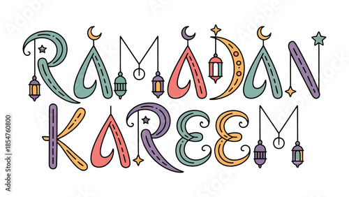 Ramadan Kareem: A vibrantly decorated greeting with the traditional Ramadan Kareem in elegant typography, each letter adorned with crescent moons and lanterns, embodying the spirit of the holy month.