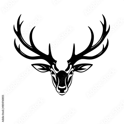 Monochrome deer head artwork with bold black lines, centered and symmetrical composition, stylized antlers that are intricately detailed, clean graphic illustration, flat design, and stark white negat