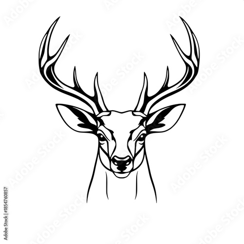Monochrome deer head artwork with bold black lines, centered and symmetrical composition, stylized antlers that are intricately detailed, clean graphic illustration, flat design, and stark white negat