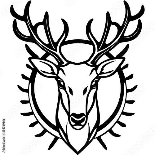 Monochrome deer head artwork with bold black lines, centered and symmetrical composition, stylized antlers that are intricately detailed, clean graphic illustration, flat design, and stark white negat