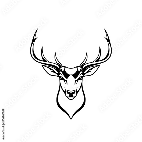 Monochrome deer head artwork with bold black lines, centered and symmetrical composition, stylized antlers that are intricately detailed, clean graphic illustration, flat design, and stark white negat