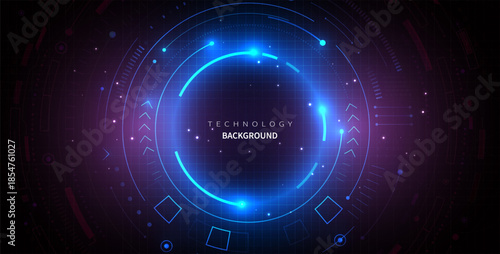 Technology Background Vector with Abstract Digital Futuristic Blue HUD Circle and Cyber Connection Light Interface.