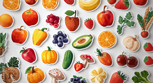  Seamless pattern of colorful cartoon fruits and vegetables on white background, playful healthy food stickers with strawberries oranges apples peppers pumpkins cucumbers avocado berries and herbs, 