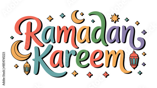 Ramadan Kareem Illustration: Colorful illustration that displays festive wishes for Ramadan Kareem, representing the spirit of the Islamic holy month, with the Crescent moon and stars.