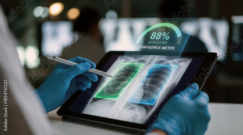 Medical ai chest x ray lung scan digital tablet healthcare technology doctor hand blue glove medical analysis confidence meter diagnostic tool futuristic medical ai chest x ray lung scan digital