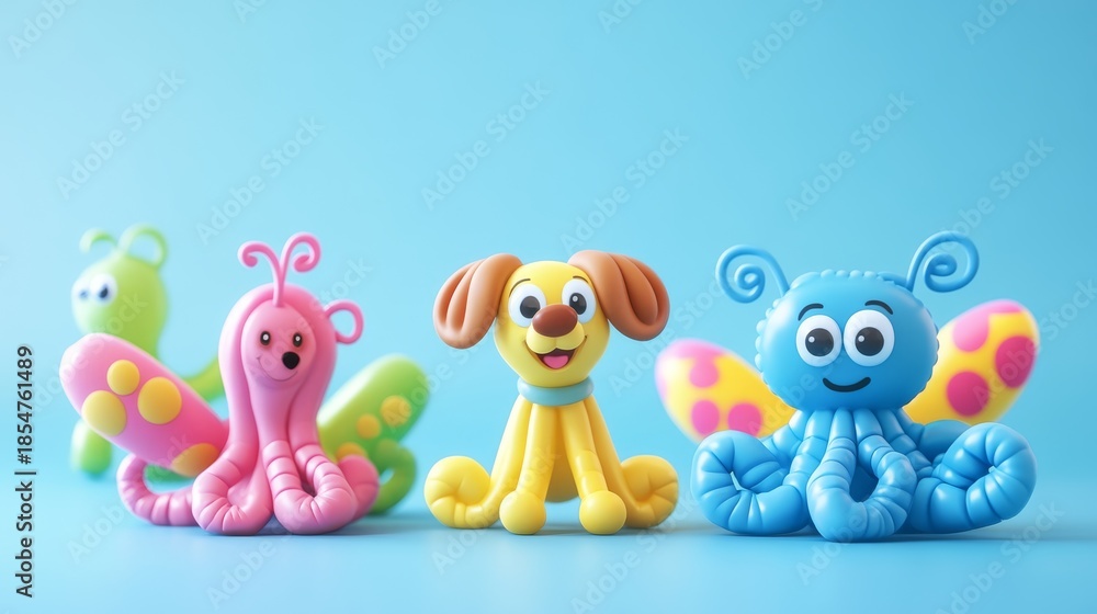 Obraz premium Adorable balloon animal characters arranged in playful composition, cheerful cartoon styling with bold colors, charming dog balloon with happy expression, whimsical butterfly with detailed wing