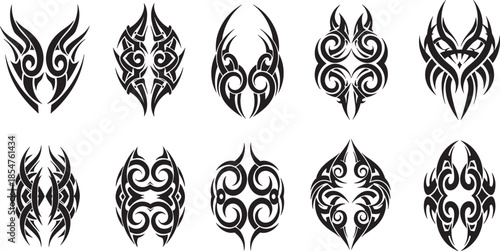 Collection of tribal mask designs in black and white illustrations