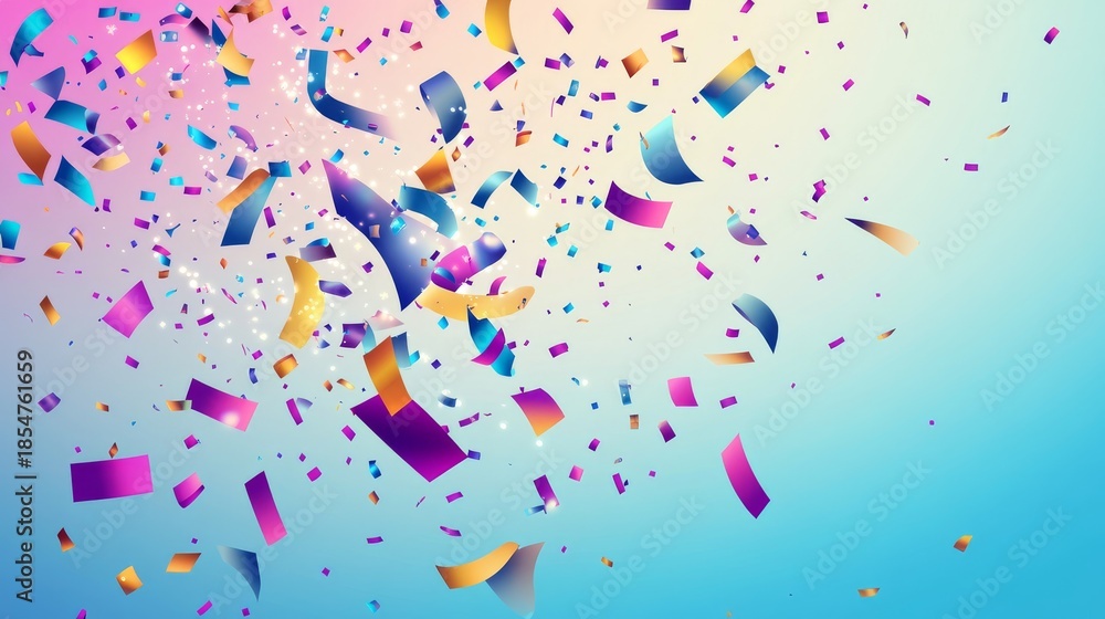 Naklejka premium Burst of party popper with multicolored streamers and confetti elements in various geometric shapes, digital vector art style with crisp edges and vivid colors against gradient background