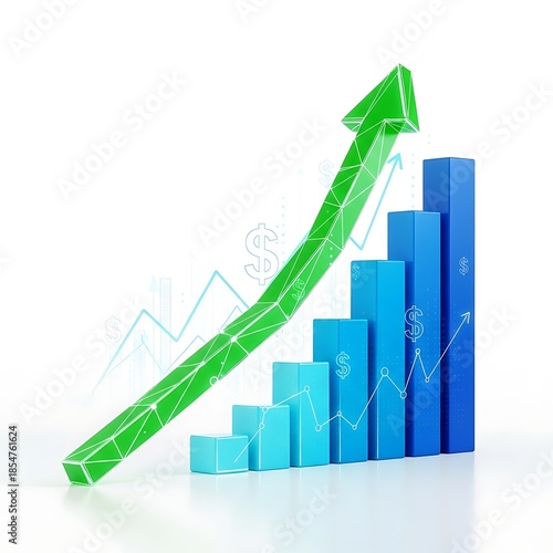 Free Download A large green arrow rising above an ascending blue bar chart, illustrating financial growth and success - GFXLoad