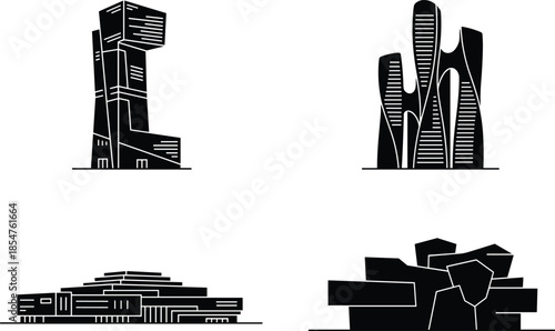 Skyscrapers buildings and architecture silhouette set in black and white vector design.
