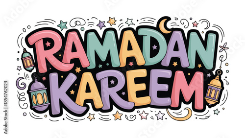 Ramadan Kareem Illustration: A festive illustration of the phrase Ramadan Kareem artfully combines calligraphy with colorful decorative elements, including crescent moons and lanterns.