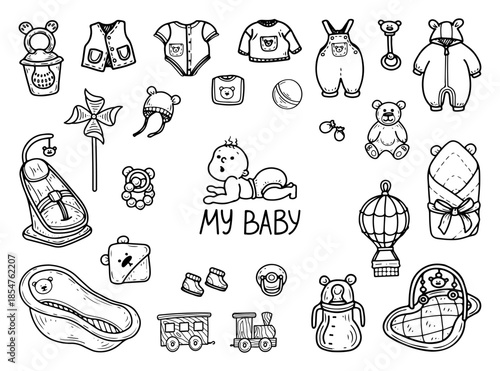 My Baby set. Hand drawn doodle vector elements. Newborn items clothes, pacifier, rattle, bathtub, chair, teddy bear, play mat. Child. Pregnancy, childbirth. Line art illustration.