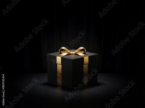 Luxury black gift box with gold ribbon on dark background, dramatic lighting