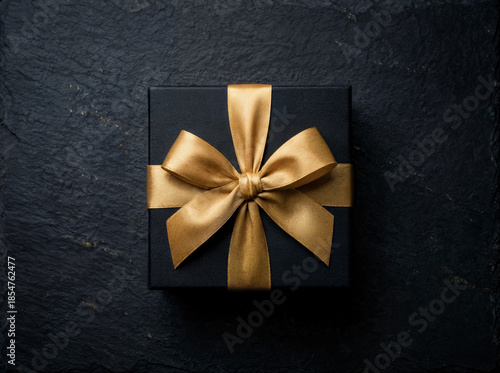Top view of luxury black gift box with gold ribbon on dark textured background