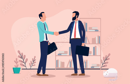Handshake business - Two businessmen shaking hands over deal and agreement in office. Flat design vector illustration graphic