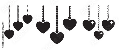 Collection of Heart Shaped Pendants Hanging on Chains Silhouettes for Jewelry Design and Valentine's Day Theme