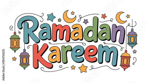 Ramadan Kareem Illustration: Festive and colorful illustration celebrating Ramadan Kareem, depicting the holy month with decorative lanterns, crescent moons, and stars.