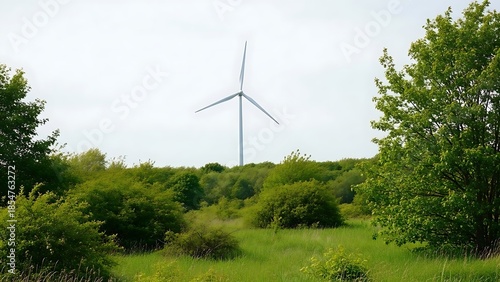 Wind turbine in lush green landscape with trees and grass