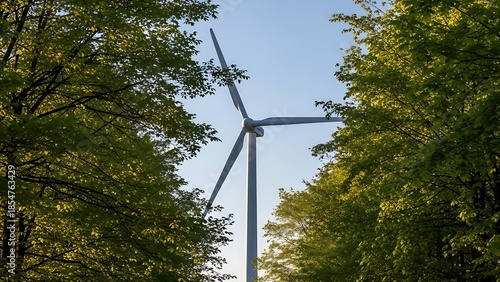 Wind turbine standing tall amidst lush green forest landscape