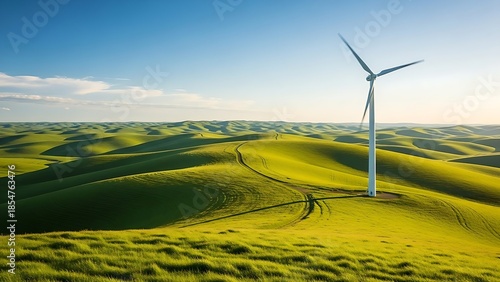 Wind turbine standing tall in vast green rolling hills under blue sky
