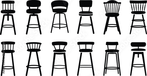 Bar stool silhouette set, wooden chair collection, modern vintage seating, furniture icons, interior design elements, restaurant cafe kitchen bar counter furniture illustration white background