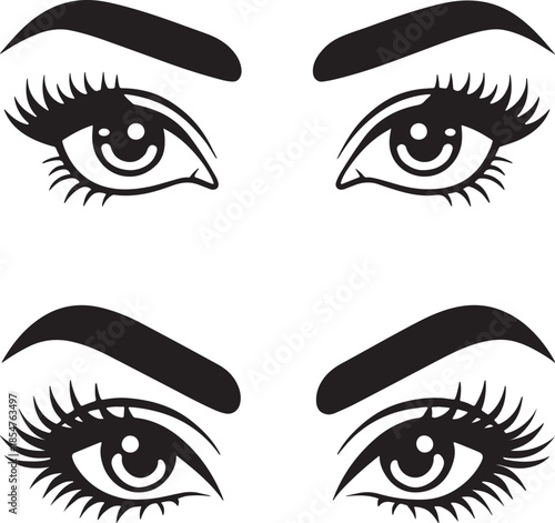 A striking collection of four stylized female eyes featuring long eyelashes and bold eyebrows