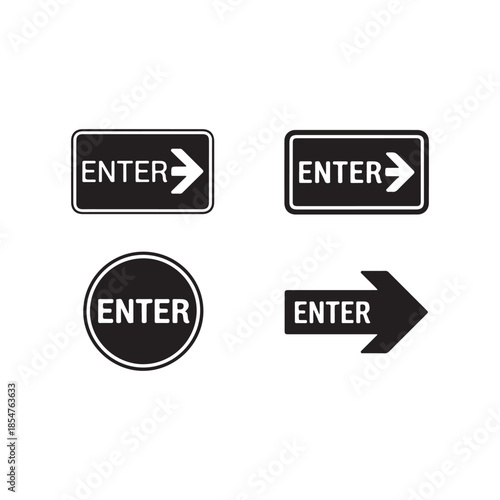 Set of Black and White Enter Sign Icons with Directional Arrows for Wayfinding, Web Navigation, and Door Labels
