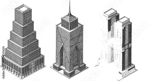 Architectural skyscraper blueprint wireframe illustration, modern high-rise building design, urban city architecture, engineering concept, construction planning, real estate