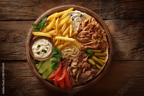 Rustic Shawarma Bowl with Fries, Pickles and Creamy Sauce (JPG 300DPI 10800×7200)