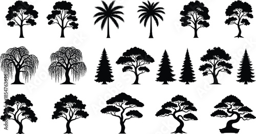 Collection of black tree silhouettes, various forest tree shapes, palm pine oak willow bonsai styles, nature design elements, botanical icons set isolated white background