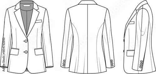 Men's tailored blazer jacket technical fashion illustration, front back side view flat sketch apparel design vector outline clothing template isolated white background professional wear