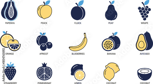 Modern fruit icon set illustration, colorful flat vector fruits collection, healthy food symbols, organic nutrition design elements, fresh tropical produce icons pack