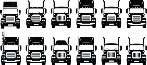 Set of modern semi truck front view icons, heavy duty cargo transport vehicle silhouettes, logistics freight trucking industry illustration collection isolated on white background