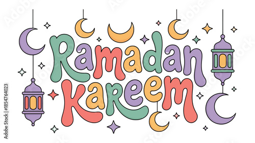 Ramadan Kareem: A vibrant and colorful illustration conveys the message of Ramadan Kareem with crescent moons and traditional lanterns, representing the spirit of the holy month.
