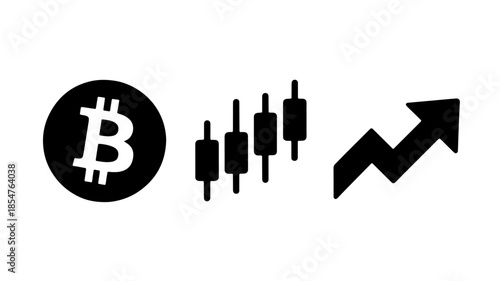 Bitcoin logo with rising candlestick chart and upward arrow in simple black and white design for cryptocurrency finance