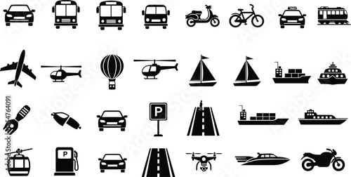 Transportation vehicle icon set, transport symbols collection, car, bus, bike, airplane, helicopter, ship, boat, road, parking, fuel, drone, motorcycle, bicycle, travel, logistics,