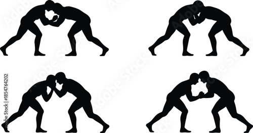 Wrestling silhouettes set, two athletes grappling poses, combat sport training concept, martial arts illustration, strength competition, fitness teamwork, isolated black vector design