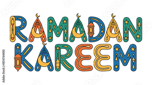 Ramadan Kareem: Decorative typographic inscription in vibrant hues, embodying the essence of Ramadan. It shows crescent moons and lanterns, symbolising blessings and spirituality.