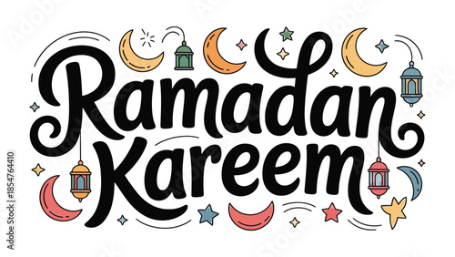 Ramadan Kareem Illustration: Artistic illustration conveying a message of Ramadan Kareem with symbols like crescent moons, stars, and lanterns.
