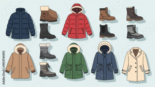 Collection of colorful winter coats and boots for men and women in various styles and colors