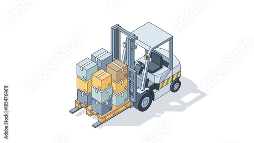Forklift truck lifting a pallet of boxes in a warehouse, logistics and delivery illustration
