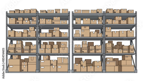 Warehouse shelving unit stocked with numerous cardboard boxes in a storage facility