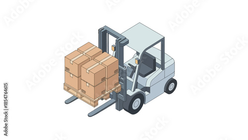 Isometric forklift carrying boxes on a pallet, representing logistics and warehousing operations