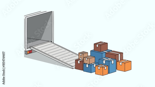 Illustration of a delivery truck with an open ramp and a pile of moving boxes in front